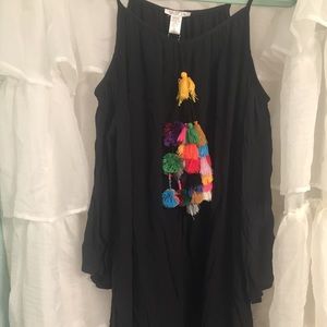 Vasna black cold-shoulder shift dress with Poms